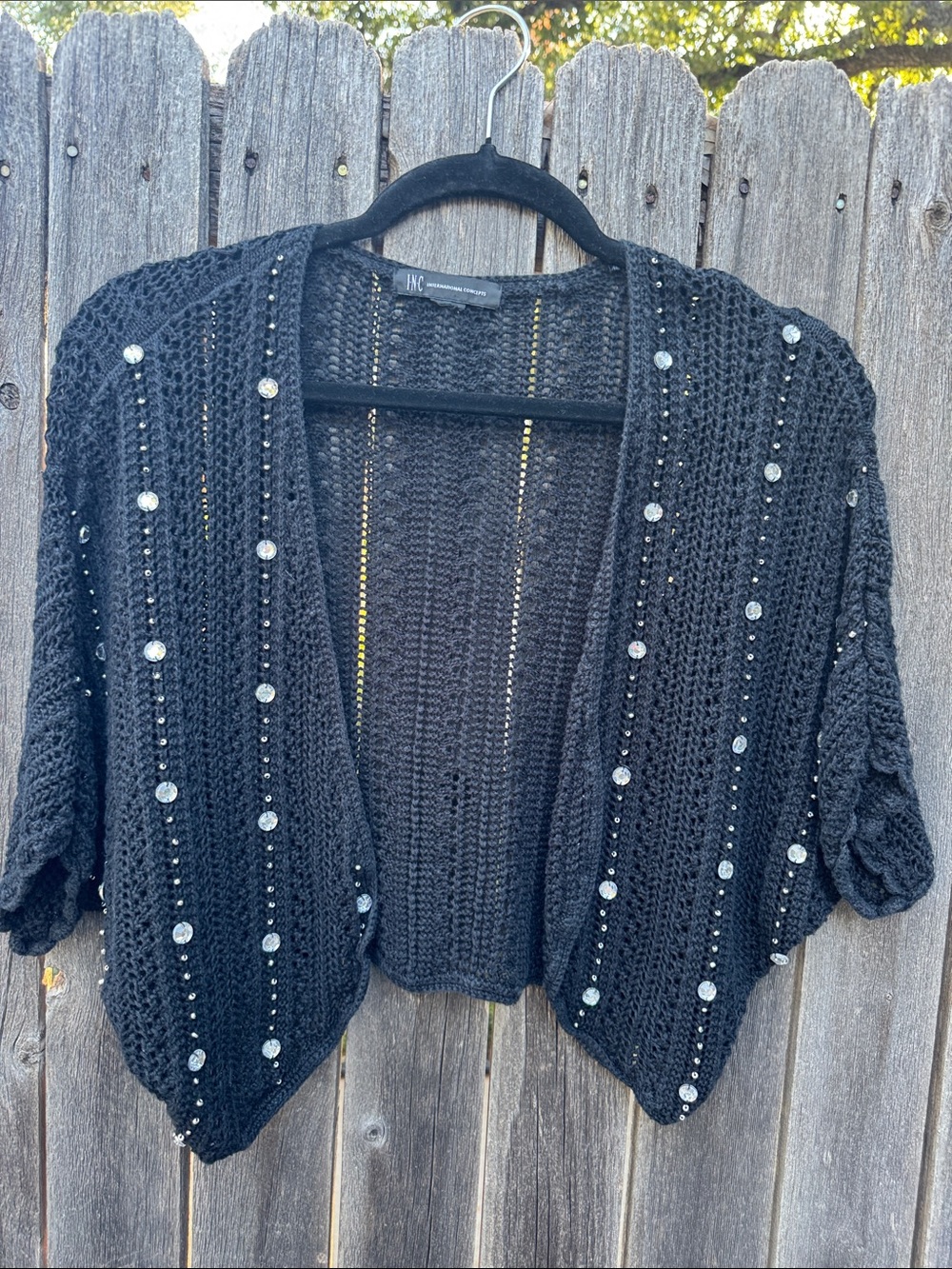 INC International Concepts Black Beaded Open-Knit Shrug Cardigan
